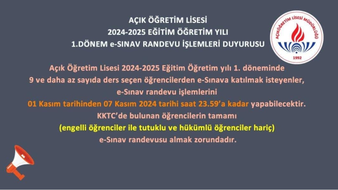 Açık Öğretim Lisesi 2024-2025 I.Dönem E-Randevu İşlemleri Duyurusu